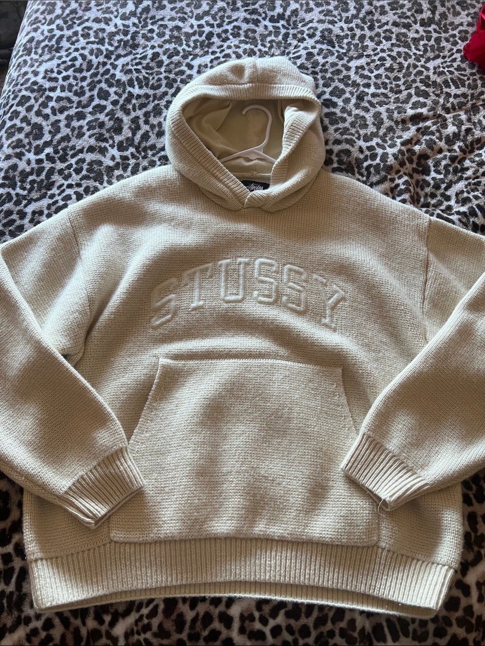 Stussy Men's Cream Knit Hoodie with Embroidered Logo